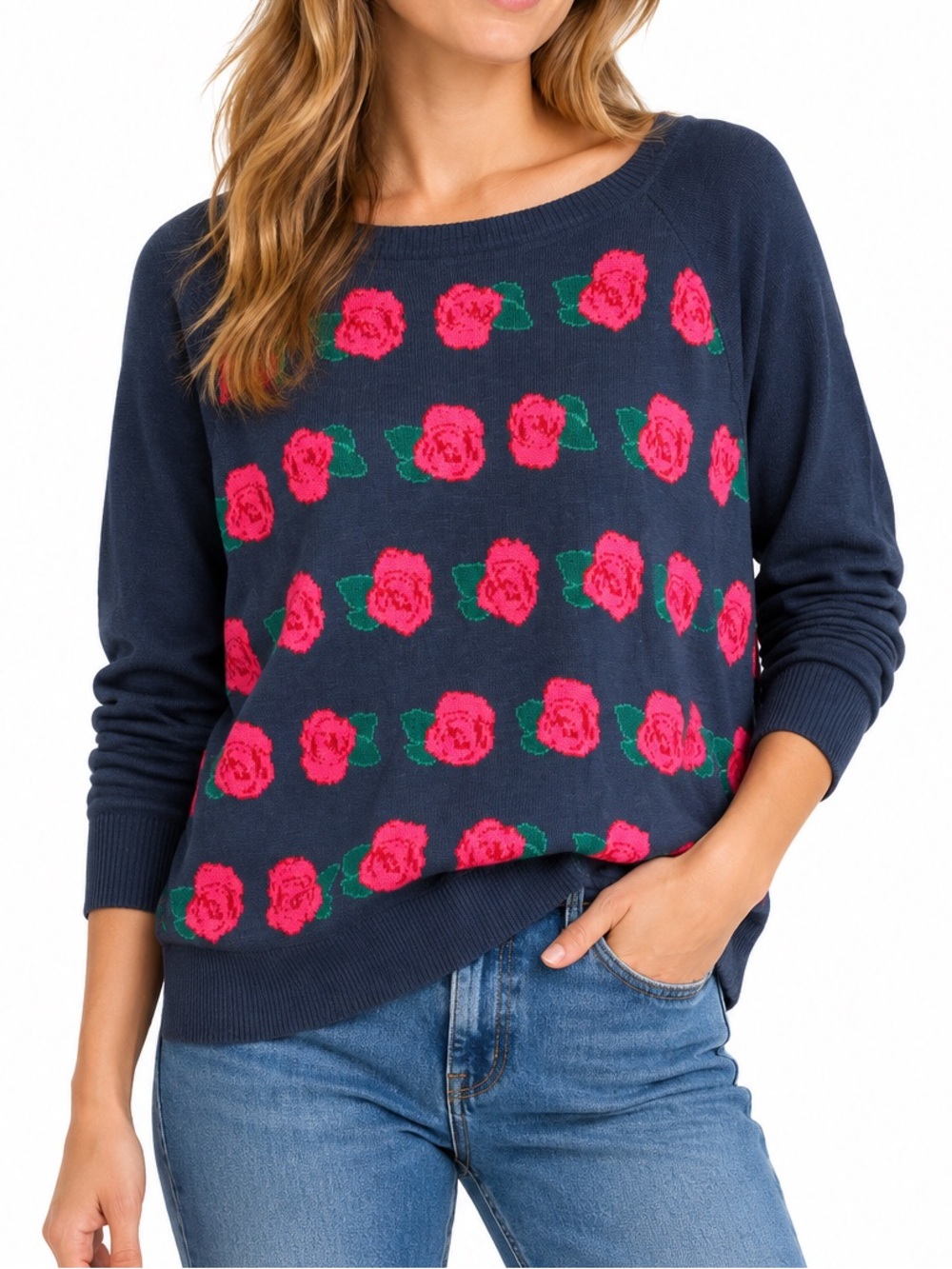 Mossimo 2X Rose Print Sweater Blue Pink Floral Lightweight Cotton Pullover